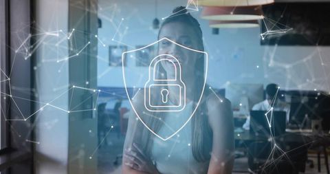 Businesswoman Embracing Digital Security in Tech-Enriched Office