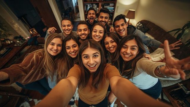 Friends taking lively group selfie in cozy living room celebrating togetherness