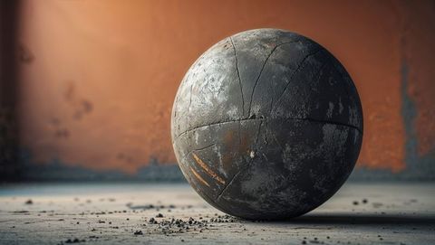 Weathered industrial wrecking ball in abandoned warehouse setting