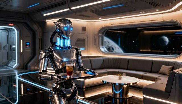 Futuristic chrome humanoid robot serving drink in luxury space lounge with planet view