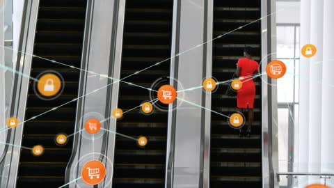 Digital Network Overlay with Businesswoman on Escalator