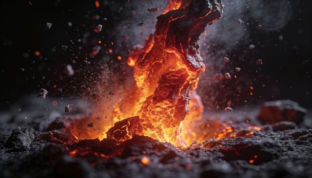 Rising lava pillar erupting with glowing embers and smoke at volcanic fissure, molten vent