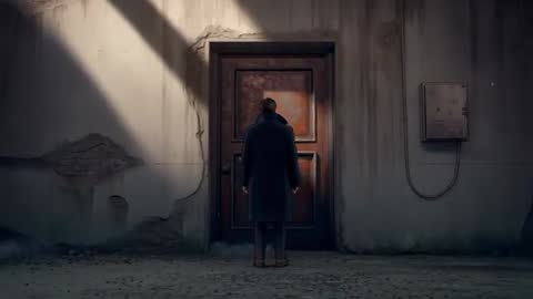 Man standing at rusted door while light shifting across weathered corridor
