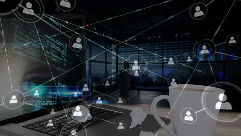 Animated Data Network Overlaying Modern Office Workspace
