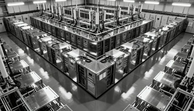 Symmetrical stainless server racks forming v-shaped data center aisle with reflective floor