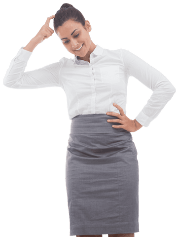 Smiling Biracial Businesswoman Standing with Hand on Head on Transparent Background