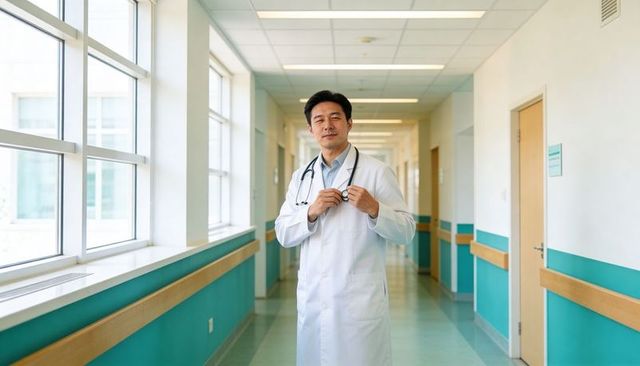 Confident male doctor adjusting stethoscope in bright hospital corridor, clinical healthcare profess