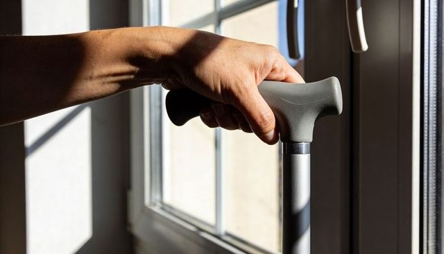 Senior hand grasping ergonomic cane by sunlit window