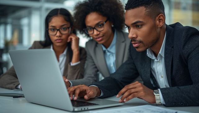 Focused Professionals Collaborating on Laptop in Modern Office