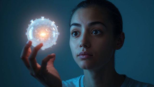 Adult woman holding glowing ai orb, studying futuristic holographic circuitry