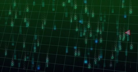 Neon binary data streaming across tilted hud grid with red triangular pointer and cyan highlights