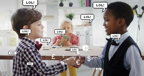 Schoolchildren Shaking Hands with Digital Business Icons and Laughing Emojis