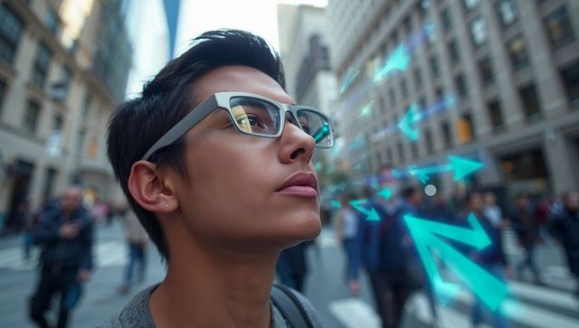 Woman Wearing AR Glasses Navigating City Crosswalk with Futuristic Holographic Arrows