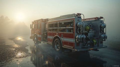 Fire truck on misty rural road at dawn with safety equipment