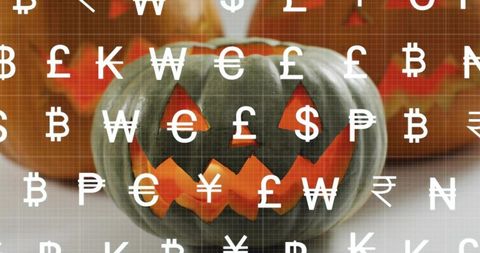 Green glowing jack-o'-lantern blending halloween mood with floating currency symbols