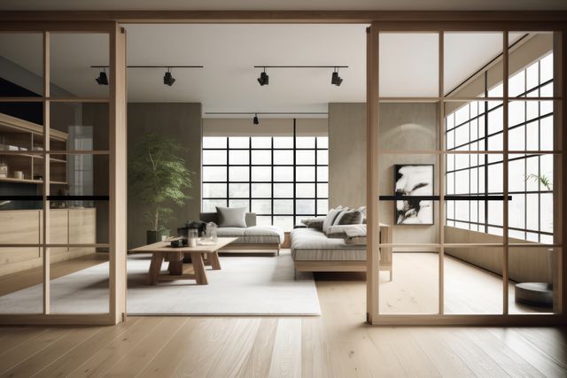 Opened glass tatami door to living room, created using generative ai technology. Interior design, japanese style and home decor concept digitally generated image.