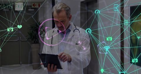 Doctor utilizing tablet against global communication network avatar