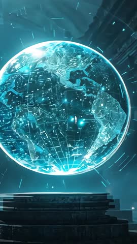 Rotating Holographic Globe Floating Above Pedestal in Futuristic Tech Lab Vertical Video