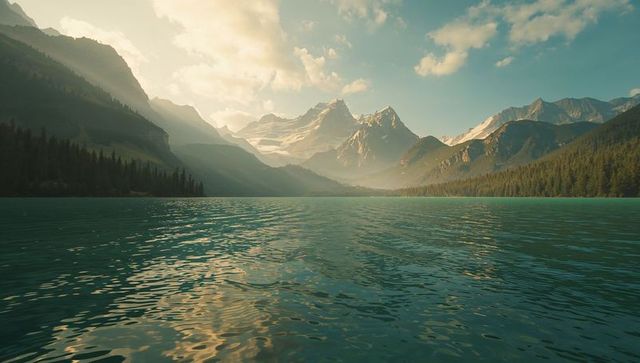 Alpine Lake Reflection of Snowy Mountains and Golden Sky