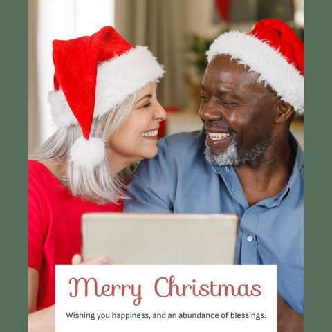 Joyful Older Couple in Festive Santa Hats Sharing Tablet - Download Free Stock Templates Pikwizard.com