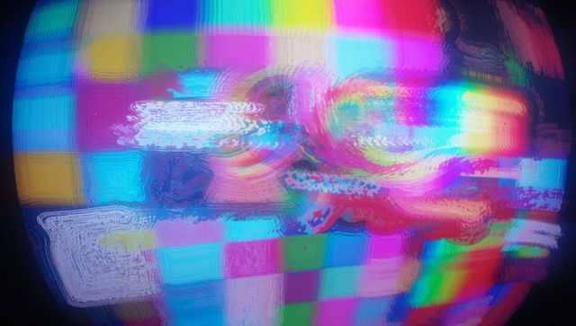 Vibrant Glitch Art Circle with Distorted Pixels and Scan Lines