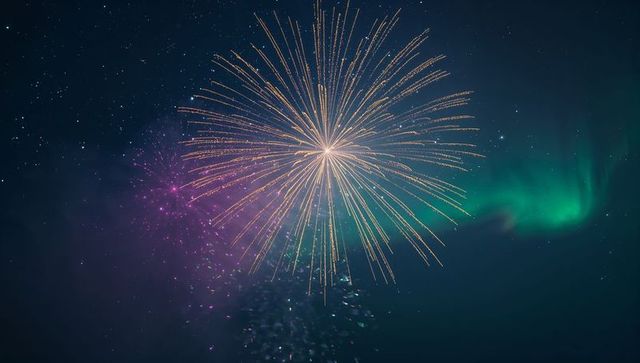 Golden Firework Burst over Northern Lights with Purple Sparks and Falling Embers