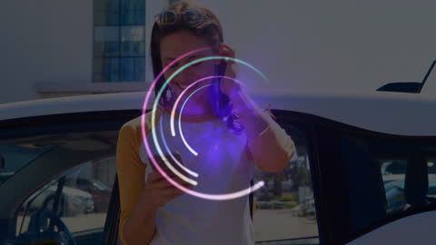 Happy Woman Using Smartphone Near Car with Spinning Digital Overlay
