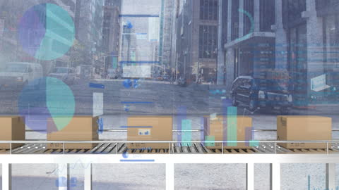 Global Shipping and Financial Data with Conveyor Belt and Cityscape