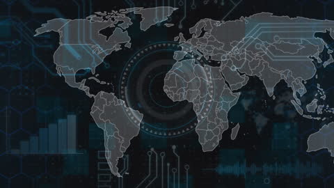 Digital World Map Overlay with Futuristic Technology Interface