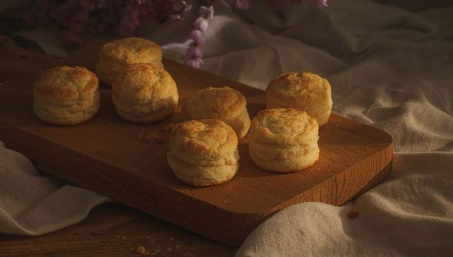 Warm golden flaky biscuits on rustic wooden cutting board with linen cloth and crumbs
