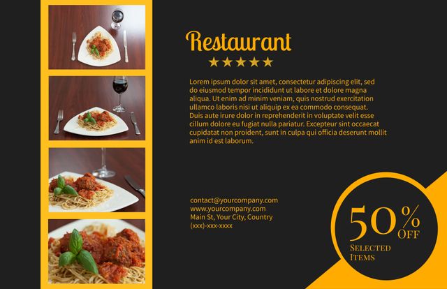 This stylish restaurant flyer is perfect for advertising a special promotion with 50% off on selected menu items. The design features mouth-watering images of spaghetti, meatballs, and wine, making it ideal for a gourmet dining setting. The flyer is designed to attract food enthusiasts and can be used for various restaurants, promotions, and food-related events.