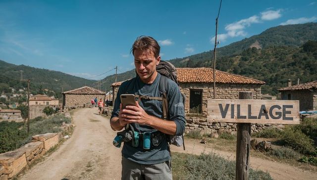 Male hiker checking smartphone on rural village trail with backpack and direction sign