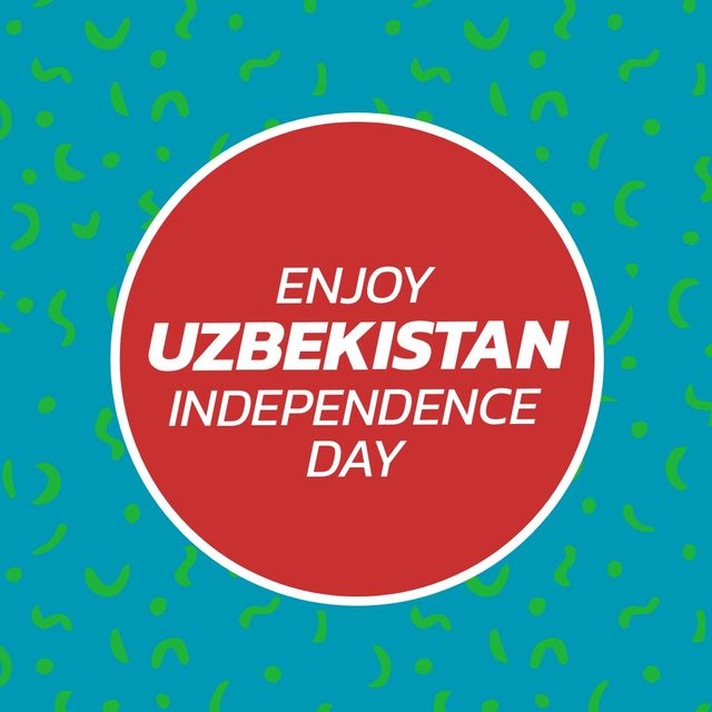 Image of enjoy uzbekistan independence day in red circle over blue background with green waves. Patriotism, independence day, freedom and celebration concept.