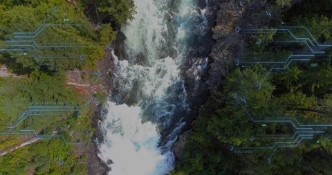 Rushing river rapids with futuristic circuit overlay in forest