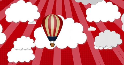 Striped hot air balloon floating over layered white clouds on red sunburst background