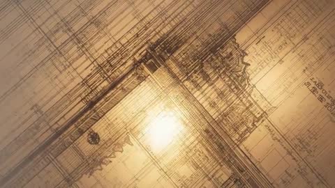 Sliding reveal of sepia architectural blueprint showcasing ornate cornice, gridlines and flare