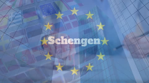 Schengen Zone Concept with Financial Data Over Industrial Background