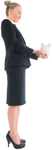 Businesswoman Holding Pink Piggy Bank, Transparent Background