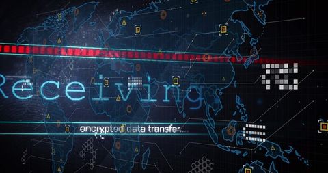 Global cybersecurity dashboard displaying encrypted data transfer and network telemetry