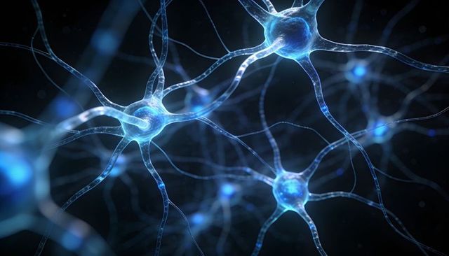 Glowing neurons forming synaptic connections in neural network with luminescent filaments