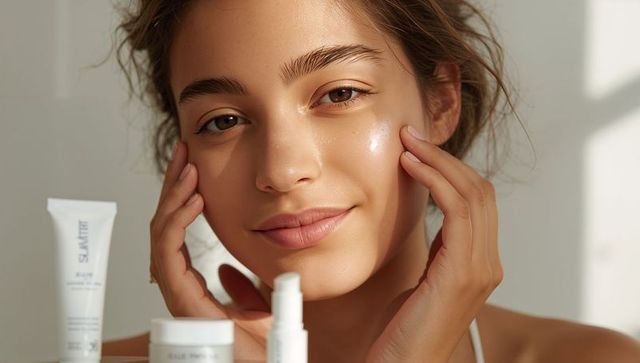 Ai-generated model showing glowing skin with skincare products