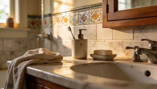 Golden hour sunlight on rustic marble bathroom vanity with soap, toothbrush and towel