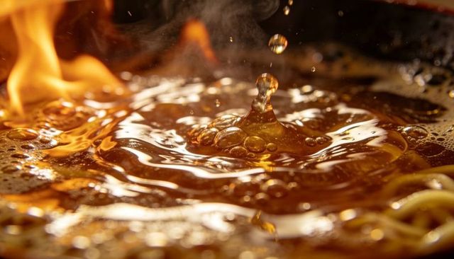 Bubbling amber sauce droplet crown over noodles with flame and steam close up macro texture