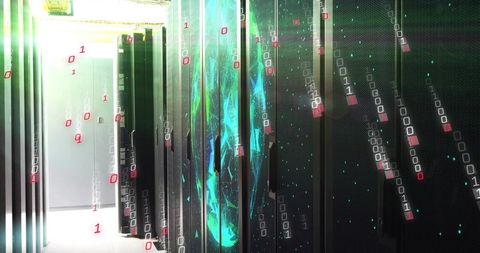 Futuristic data center featuring glowing server racks, cyan hologram and binary stream