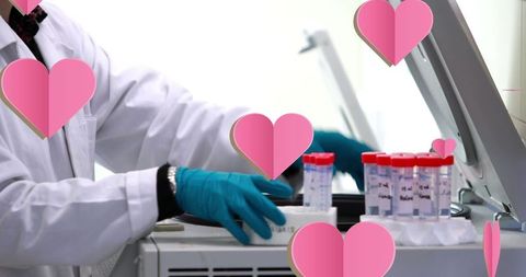 Scientist in lab with heart illustrations showing innovation and passion