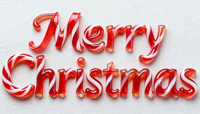 Glossy Candy-Cane Lettering Spelling Merry Christmas on White Textured Paper