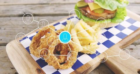 Delicious Burger and Sides with Social Media Network Overlay