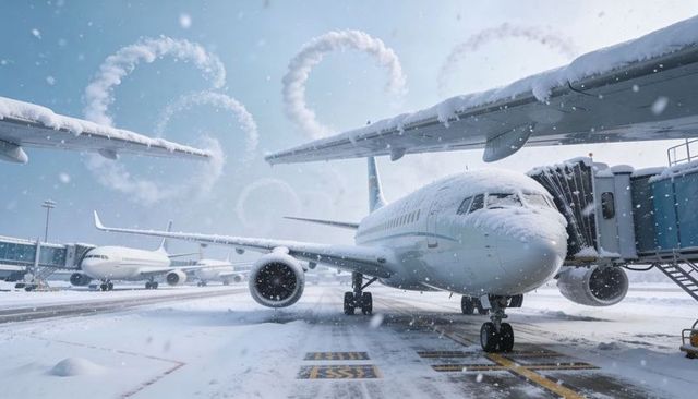 Snow-covered narrow-body jet docking at gate with falling snow and frosted runway