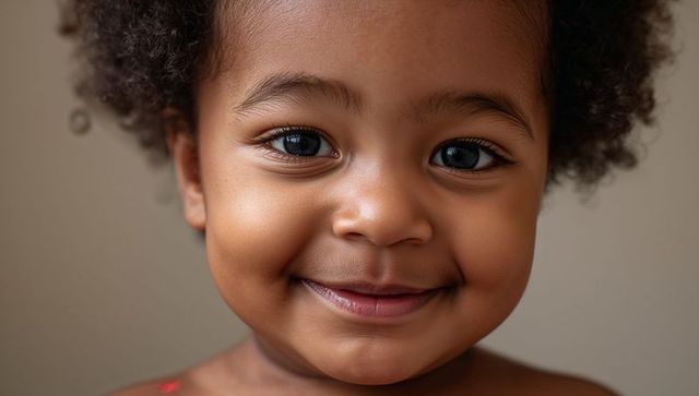 Smiling african american toddler close-up portrait with curly hair and warm beige backdrop