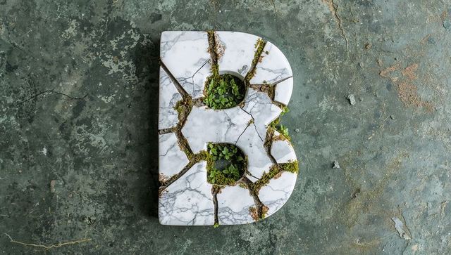 Marble Letter B with Moss on Textured Concrete